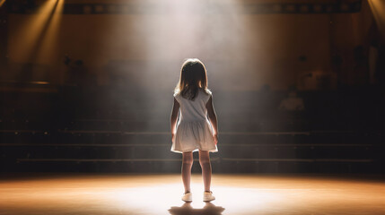 A little girl performs on stage in front of an audience. AI generation