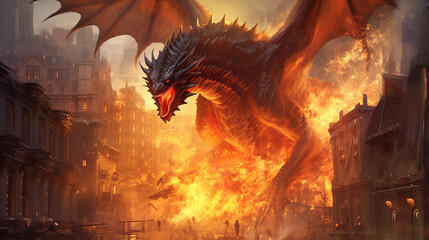 A huge dragon destroyed the city with a fiery flame. AI generation