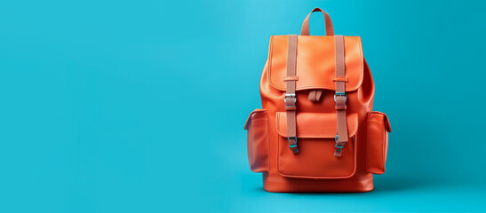Orange school backpack on a blue background, banner, copy space. AI generation