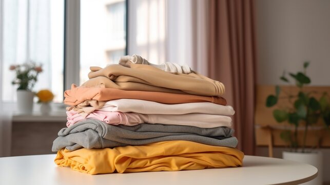 A stack of women's clothes on the table against the backdrop of a blurry apartment. Women's wardrobe. AI generation