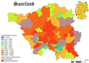 Federal state Saarland population by postal code map with Germany vector map 