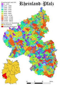 Federal state Rheinland - Pfalz population by postal code map with Germany vector map 