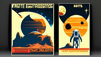 Retro science fiction, a space exploration scene and poster set on Mars - generative ai