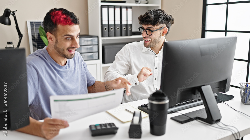 Poster two men business workers reading document working at office