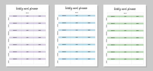 Set of 3 weekly meal planners. Printable and digital weekly template menu.
 - obrazy, fototapety, plakaty