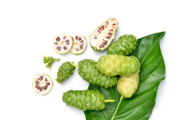 Top view of Noni or Morinda Citrifolia fruits isolated on white background.