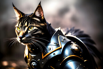 Capture the fierce determination and bravery of a cat warrior, clad in intricately designed armor