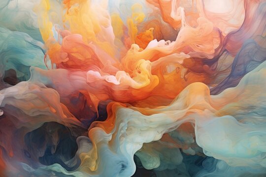 Captivating abstraction: Liquid paints flow and blend together in a slow, gentle motion, creating a mesmerizing display of harmonious colors merging. Generative AI
