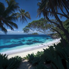 A tranquil beach paradise with a deep blue sea