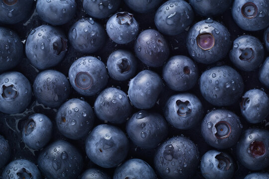 A lot of small Fresh Blueberries seamless background, adorned with some glistening droplets of water.. Generative AI