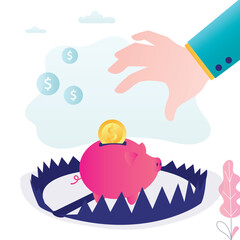 Piggy bank with money in trap. Money bait for business people. Concept of saving money in the wrong way. Dangerous, risk to lost saving money from investments. Risk management.