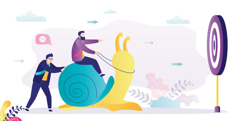 Businessmen riding sluggish snail trying to reach target. Entrepreneurs slowly moving towards goal. Slow business progress. Recession, economic crisis. Stupid boss, mistake.