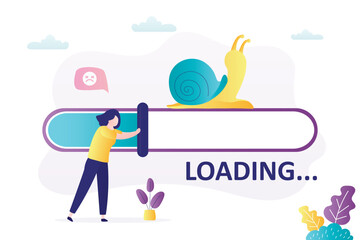 Slow internet speed, bad connection, loading process. Woman user pushing slider on measurement scale. Download speed is very slow or does not work. Snail crawling on progress bar.