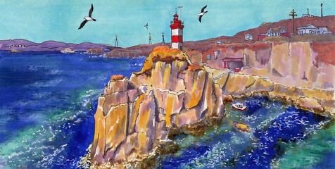 Seascape with lighthouse and rocks.