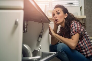 A forlorn woman at her kitchen sink looking worried about a plumbing problem, suggesting a leak and the need for help and assistance, generative ai