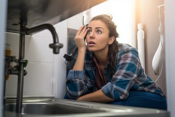 A forlorn woman at her kitchen sink looking worried about a plumbing problem, suggesting a leak and the need for help and assistance, generative ai