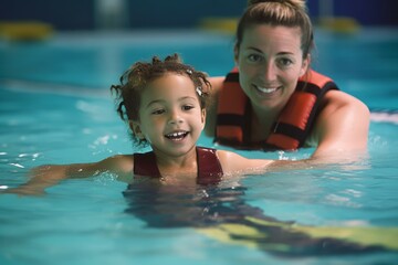 Candid capture of a young girl with an adult swimming instructor in a pool, showcasing the engaging process of learning through swimming lessons, generative ai