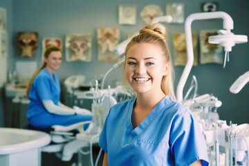 Portrait of a proud female dental hygienist student in college, smiling confidently as she represents her future occupation and the value of education, generative ai