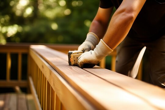 Closeup shot of a man measuring and cutting wood planks for a DIY home improvement project, building a deck in the summer, generative ai