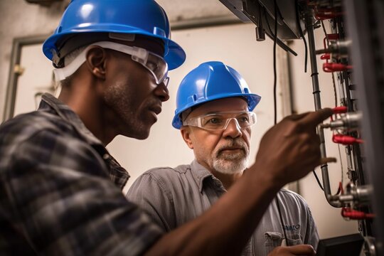 Two professional male electricians collaboratively working on a fuse box, emphasizing the importance of trade skills, safety, and apprenticeship, generative ai