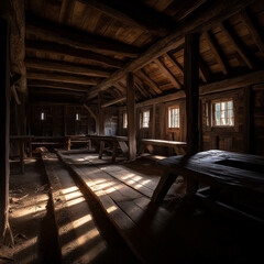 Interior of a wooden barn, with wooden tables and chairs - 614515458