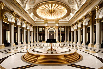 Obraz premium A grand ballroom with an ornate podium in the center, adorned with gold trimmings