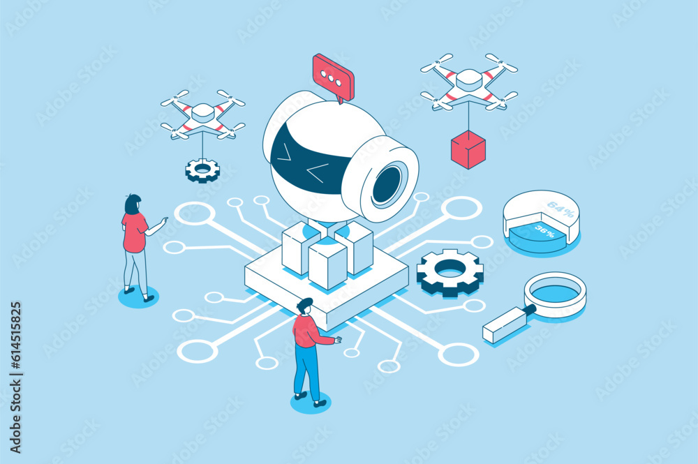 Poster Artificial intelligence concept in 3d isometric design. People creating, working and programming ai robots, machine learning and automation. Vector illustration with isometry scene for web graphic
