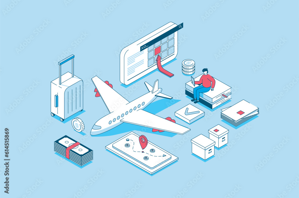 Leinwandbilder Booking flight concept in 3d isometric design. People choosing travel destination and creating route, ordering and buying tickets to plane. Vector illustration with isometry scene for web graphic