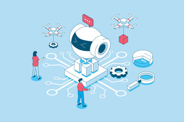 Artificial intelligence concept in 3d isometric design. People creating, working and programming ai robots, machine learning and automation. Vector illustration with isometry scene for web graphic