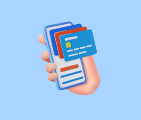3D Hand holding mobile phone with credit card
