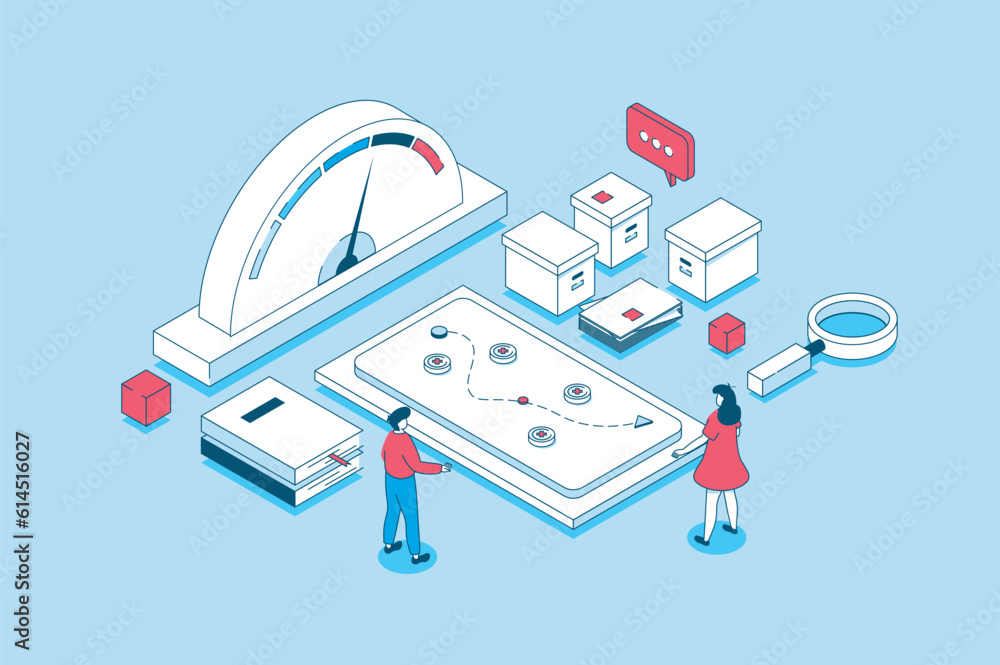 Poster crisis management concept in 3d isometric design. people analyzing data and speedometer, brainstormi
