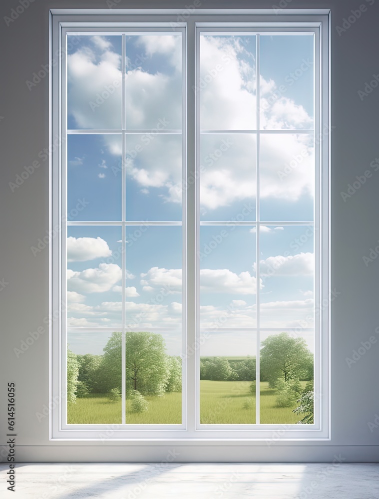 Poster window with spring landscape created with generative ai technology.