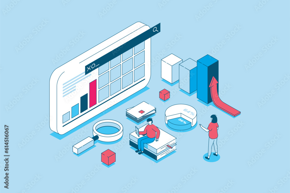 Poster Data analysis concept in 3d isometric design. People analyzing graphs on dashboard and business reports, working with financial information. Vector illustration with isometry scene for web graphic