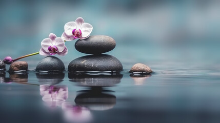 Obraz na płótnie Canvas Orchids and spa stones balance on calm water. Generative AI illustration