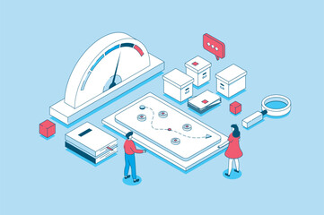 Fototapeta premium Crisis management concept in 3d isometric design. People analyzing data and speedometer, brainstorming, creatine new route, solving problem. Vector illustration with isometry scene for web graphic