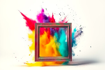 Fototapeta na wymiar Colorful cloud explosion splash powder paints and frame. Generative AI illustration