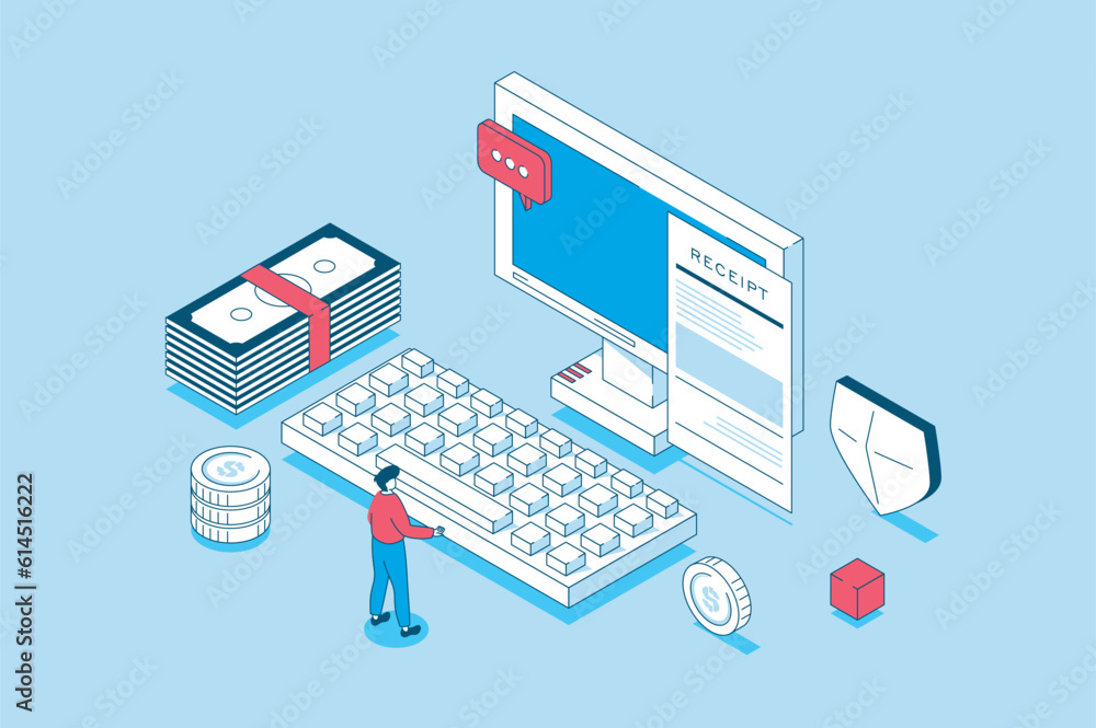 Poster Electronic receipt concept in 3d isometric design. People receiving digital form of invoice and paying on check or tax using online banking. Vector illustration with isometry scene for web graphic