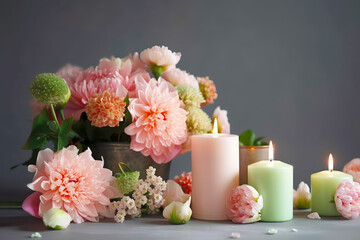 Composition with handmade candles and dahlias. Festive spa background. Generative AI illustration