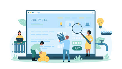 Payment of utility bills vector illustration. Cartoon tiny people hold calculator, money and magnifying glass to check and manage expenses, pay for gas and water supply, heating and electricity