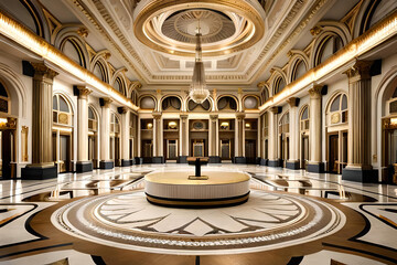 Obraz premium A grand ballroom with an ornate podium in the center, adorned with gold trimmings