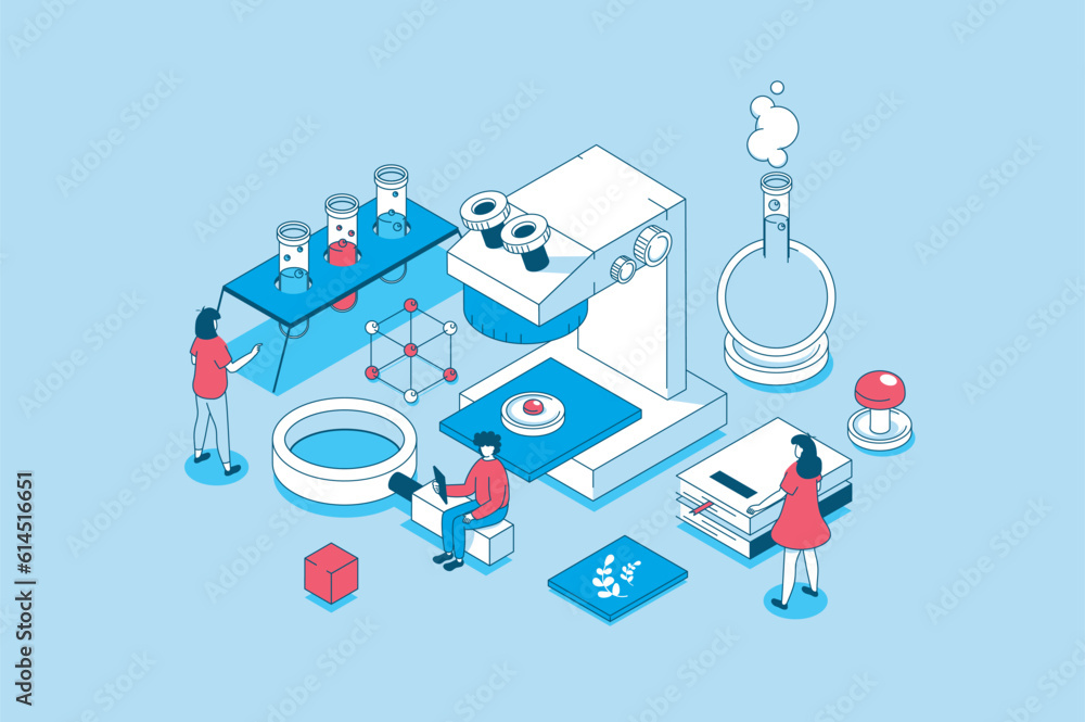 Leinwandbilder science laboratory concept in 3d isometric design. people researching blood or virus on microscope i