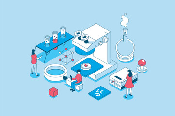 Science laboratory concept in 3d isometric design. People researching blood or virus on microscope in lab, doing chemicals tests in flasks. Vector illustration with isometry scene for web graphic