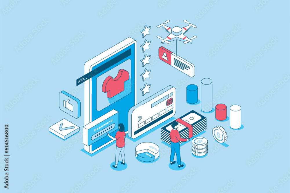 Poster Social media marketing concept in 3d isometric design. People following online shop and ordering, advertising for attracting of target audience. Vector illustration with isometry scene for web graphic