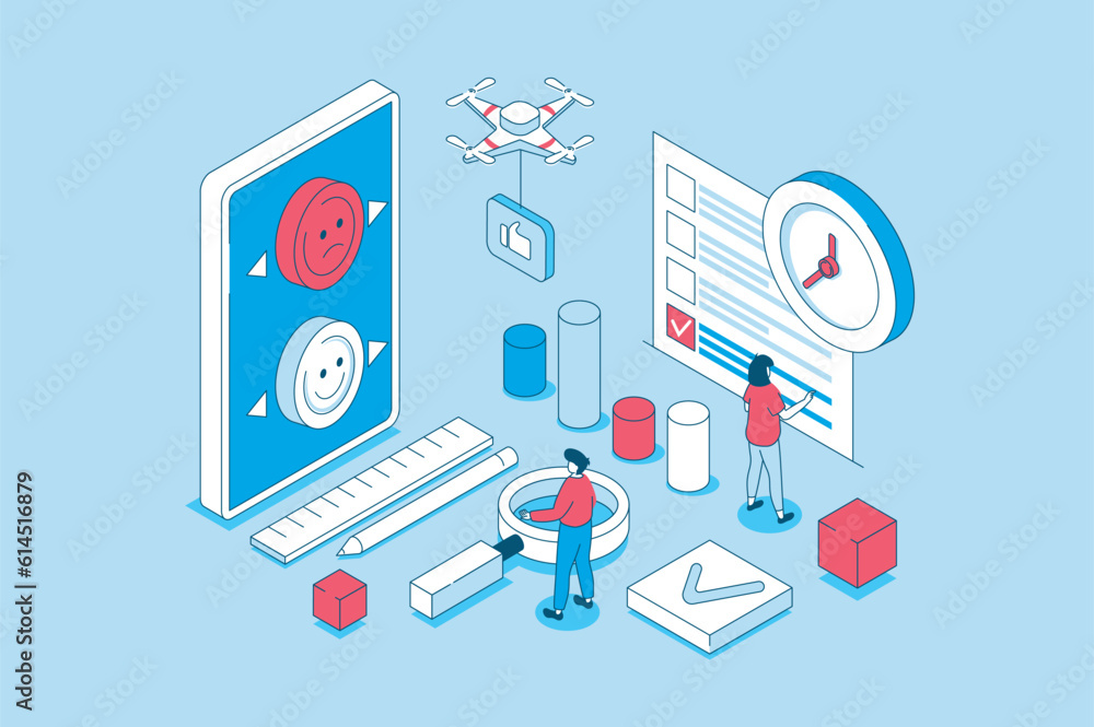 Poster Survey concept in 3d isometric design. People answering in questionnaire form, giving client feedback, choosing and marking in exam checklist. Vector illustration with isometry scene for web graphic