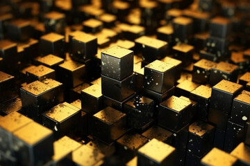 Fototapeta premium Gold and yellow geometric shapes, cubes.Transparent Cubes Background, yellow gold Glass Cube Pattern, Geometric 3d Crystals, Abstract