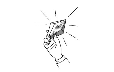 The hand holds a large diamond. Single color line vector drawing.