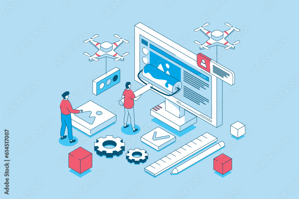 Poster Web design concept in 3d isometric design. People creating pages layouts with content, making banners and homepages, programming and coding. Vector illustration with isometry scene for web graphic