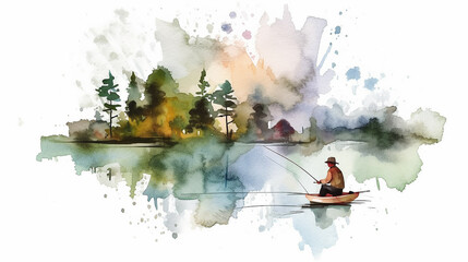 fisherman on a white background watercolor drawing poster. Generative AI