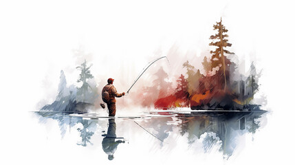 Fototapeta na wymiar fisherman on a white background watercolor drawing poster. Generative AI