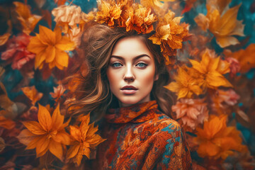 Obraz na płótnie Canvas Beautiful woman in autumn leaves and flowers. Mental health and autumn perfum concept. Generative AI illustration